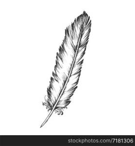 Decorative Bird Element Feather Monochrome Vector. Standing Feather Bird Detail Formed In Tiny Follicles In Epidermis Or Outer Skin Layer. Template Designed In Retro Style Black And White Illustration. Decorative Bird Element Feather Monochrome Vector