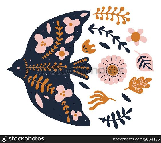 Decorative bird emblem with floral ornament in ethnic style isolated on white background. Decorative bird emblem with floral ornament in ethnic style