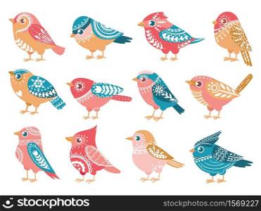 Decorative birds. Hand drawn bird with folk ornaments in scandinavian style trendy ethnic pattern holiday decoration, vector set. Cute colorful songbird with wings with motives isolated. Decorative birds. Hand drawn bird with folk ornaments in scandinavian style trendy ethnic pattern holiday decoration, vector set