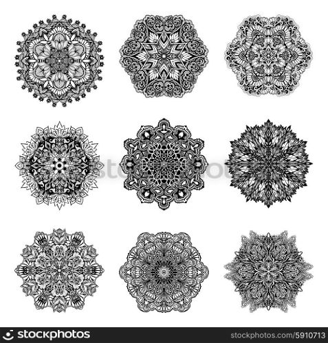Decorative black and white mandala symbols set isolated vector illustration. Decorative Mandalas Set