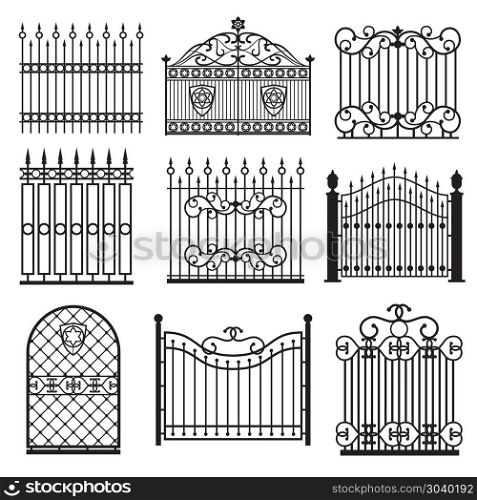Decorative black silhouettes of fences with gates vector set. Decorative black silhouettes of fences with gates vector set. Decoration architecture lattice structure illustration