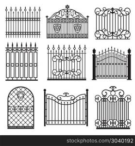 Decorative black silhouettes of fences with gates vector set. Decorative black silhouettes of fences with gates vector set. Decoration architecture lattice structure illustration