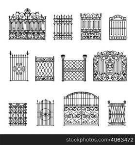 Decorative black white fences set with gates flat isolated vector illustration . Decorative Fences Set