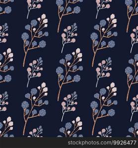 Decorative blackberry print seamless pattern. Doodle food fresh branches on navy blue backround. Perfect for fabric design, textile print, wrapping, cover. Vector illustration.. Decorative blackberry print seamless pattern. Doodle food fresh branches on navy blue backround.