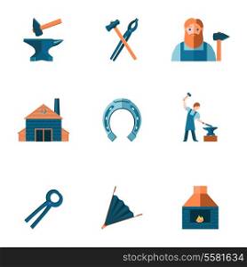 Decorative blacksmith shop anvil steel tongs tools and horseshoe pictograms icons collection flat isolated vector illustration