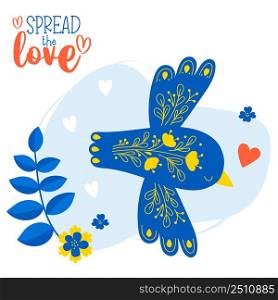 Decorative blue bird with floral pattern and English text Spread love. Vector illustration. Motivational beautiful card, valentine, for decor, design and printing, covers and postcards
