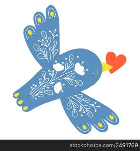 Decorative blue bird with floral pattern with red heart in its beak. Vector illustration. Feathered beautiful flying bird for decor, design, decoration and print