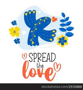 Decorative blue bird with red heart in its beak on background with flowers. Vertical postcard Spread love. Vector illustration for decor, design, decoration and printing, covers and postcards