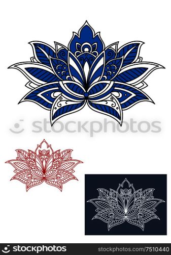 Decorative blue persian flower with curved petals, adorned by white paisley ornament. For textile, interior or lace embellishment design