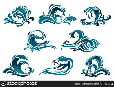 Decorative blue sea waves and surf icons with curls of powerful water stream, splashes and white foam caps. May be used in nature, marine journey or travel theme . Blue sea waves and surf icons