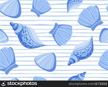 Decorative blue seashells stripe vector seamless pattern. Abstract marine wallpaper. Underwater backdrop.. Decorative blue seashells stripe vector seamless pattern.