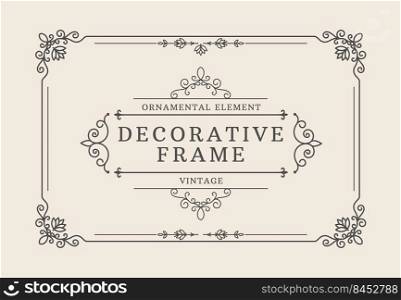 Decorative border. Elegant frame with ornamental flourish corners and elegant shapes, vintage classic luxury diploma. Vector certificate with royal graphic. Illustration of border vintage banner. Decorative border. Elegant frame with ornamental flourish corners and thin elegant shapes, vintage classic luxury diploma layout. Vector certificate with royal graphic