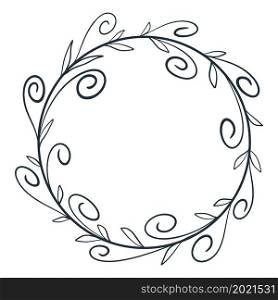 Decorative border ornament with monograms and leaves in dboodle style. Hand drawn circular frame. Round wreath for invitation vector illustration. Decorative border ornament with monograms and leaves in dboodle style