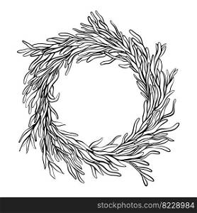 Decorative Botanical wreath in ink style, round frame with leaves. Hand drawn vector illustration. Botanical wreath in ink style,round frame