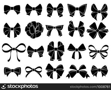Decorative bow silhouette. Gift wrapping favor ribbon, black jubilee bows stencil. Christmas, anniversary or valentine day packaging ribbons, party decor bow. Isolated vector icons set. Decorative bow silhouette. Gift wrapping favor ribbon, black jubilee bows stencil vector icons set