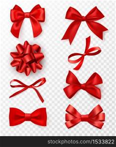 Decorative bows. Realistic red silk ribbons with bow festive decor satin rose, luxury elements for holiday packaging and design, elegant gift tape 3d vector set isolated on transparent background. Decorative bows. Realistic red silk ribbons with bow festive decor satin rose, elements holiday packaging, elegant gift tape 3d vector set