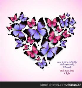 Decorative bright blue purple red trendy butterflies heart shape design pattern vector illustration