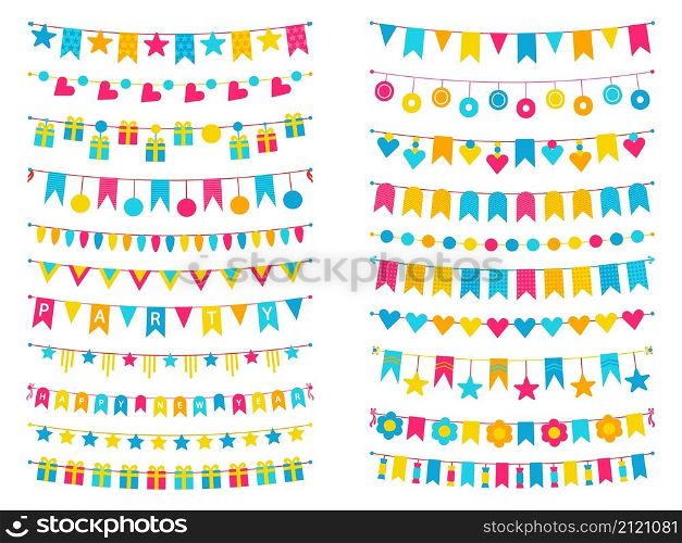 Decorative bunting flags, colorful festive garlands and banners. Birthday party decoration buntings, carnival garland and flag vector set. Hanging decor for holiday celebration and entertainment. Decorative bunting flags, colorful festive garlands and banners. Birthday party decoration buntings, carnival garland and flag vector set