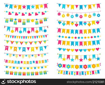 Decorative bunting flags, colorful festive garlands and banners. Birthday party decoration buntings, carnival garland and flag vector set. Hanging decor for holiday celebration and entertainment. Decorative bunting flags, colorful festive garlands and banners. Birthday party decoration buntings, carnival garland and flag vector set