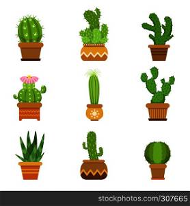 Decorative cactus in pots. Vector set. Desert plants isolate on white background. Green cactus succulent, illustration of tropical cactus collection. Decorative cactus in pots. Vector set. Desert plants isolate on white background