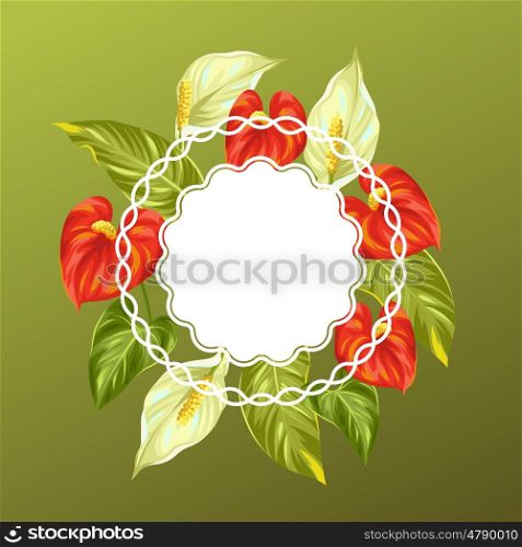 Decorative card with flowers spathiphyllum and anthurium. Decorative card with flowers spathiphyllum and anthurium.
