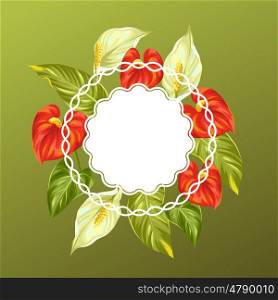 Decorative card with flowers spathiphyllum and anthurium. Decorative card with flowers spathiphyllum and anthurium.