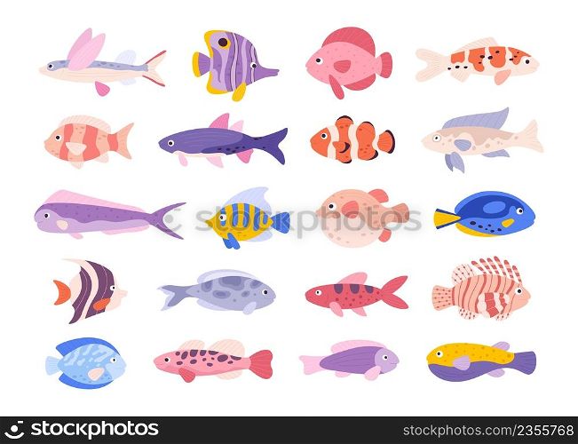 Decorative cartoon tropical sea coral fishes for aquarium. Clown, lion, angel, guppy and flying fish. Ocean underwater exotic pet vector set. Bright colorful pets isolated on white. Decorative cartoon tropical sea coral fishes for aquarium. Clown, lion, angel, guppy and flying fish. Ocean underwater exotic pet vector set