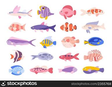 Decorative cartoon tropical sea coral fishes for aquarium. Clown, lion, angel, guppy and flying fish. Ocean underwater exotic pet vector set. Bright colorful pets isolated on white. Decorative cartoon tropical sea coral fishes for aquarium. Clown, lion, angel, guppy and flying fish. Ocean underwater exotic pet vector set