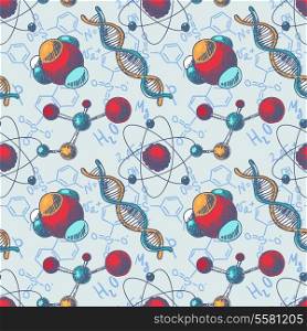 Decorative chemical spiral structure dna molecule with background formula design seamless wallpaper tileable pattern vector illustration