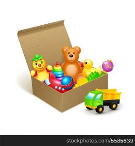 Decorative children toys collection in cardboard paper box vector illustration