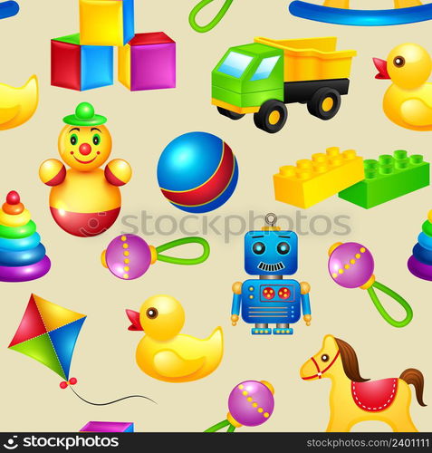 Decorative children toys seamless pattern of truck building blocks rocking horse vector illustration