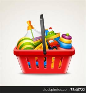Decorative children toys set in plastic red shopping basket isolated on white background vector illustration