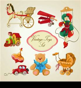 Decorative children toys sketch icons set of horse airplane puppet train isolated vector illustration
