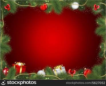 Decorative Christmas background with fir tree branches and decorations