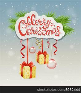 Decorative Christmas background with greeting inscription and gifts