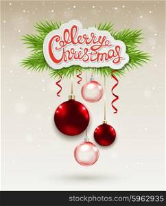 Decorative Christmas background with greeting inscription and red baubles