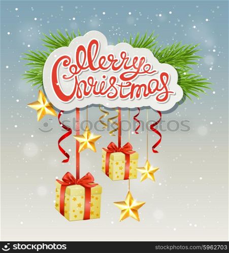 Decorative Christmas background with greeting inscription, gifts and stars