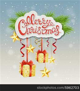 Decorative Christmas background with greeting inscription, gifts and stars