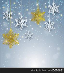 Decorative Christmas background with white and golden glittering snowflakes. New year greeting card. Vector illustration.