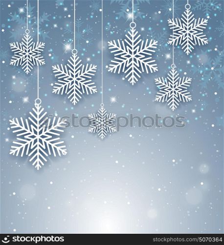 Decorative Christmas background with white paper snowflakes. New year greeting card. Vector illustration.