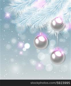 Decorative Christmas background with white pine branch and decorations