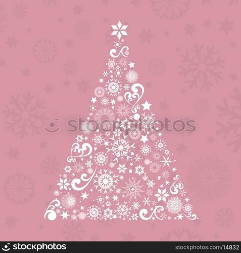 Decorative christmas tree of snowflakes and stars on a pink background