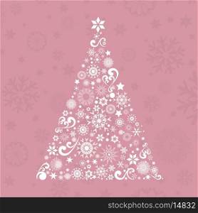 Decorative christmas tree of snowflakes and stars on a pink background