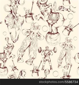 Decorative circus clown fairy wand magic miracles vintage wrap paper seamless retro pattern doodle sketch vector illustration