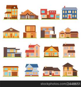 Decorative collection of modern town house cottage and estate building flat colored isolated icons vector illustration. Cottage House Building Set