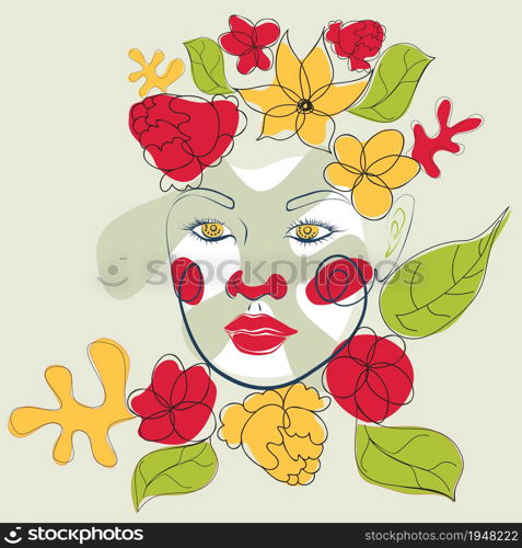 Decorative colorful abstract floral shapes and line art woman portrait, modern retro style.