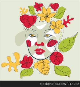 Decorative colorful abstract floral shapes and line art woman portrait, modern retro style.