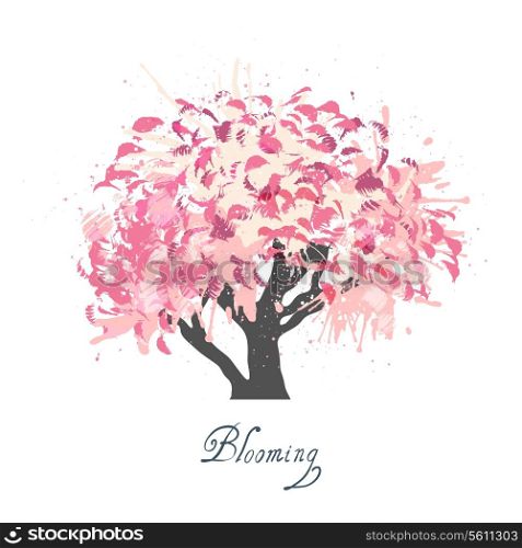 Decorative colorful apple tree spring seasonal blossom symbol ornamental design background poster grunge abstract sketch vector illustration