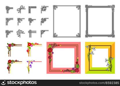 Decorative colorful frame collection on white. Vector poster of square adorned with flowers and other festive attributes borders and their parts. Frames presents concept for holiday celebration. Decorative Colorful Frame Collection on White