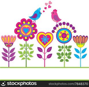 Decorative colorful funny vector background with flowers and birds